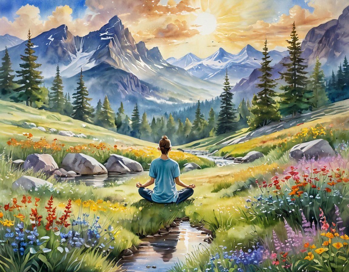 A serene landscape depicting a person meditating in a tranquil meadow, surrounded by vibrant wildflowers and gently flowing streams. Soft rays of sunlight emanate from the clouds, creating a warm and inviting atmosphere. In the background, tall mountains symbolize strength and stability. Include symbols of positive energy like glowing orbs and gentle breezes represented by soft, flowing lines. watercolor painting, vibrant colors, peaceful ambiance.