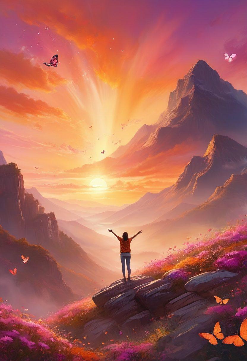 A serene landscape depicting a person standing on a beautiful mountaintop, arms outstretched towards a radiant sunrise symbolizing inner radiance. Surrounding them are colorful butterflies and blooming flowers, illustrating joy and self-love. The sky is painted with warm hues of orange, pink, and gold, enhancing the feeling of positivity and empowerment. Add soft glowing effects around the person to signify confidence and warmth. super-realistic. vibrant colors.
